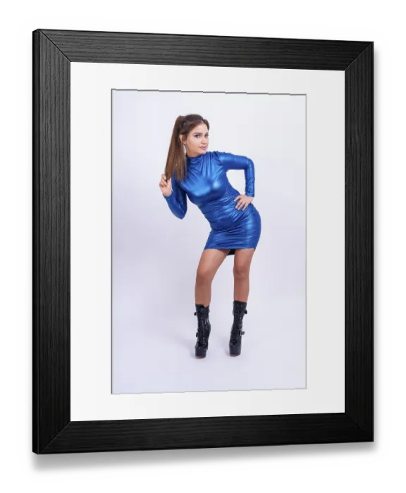 Framed Print : Full length portrait of Latina woman in a studio on a white background