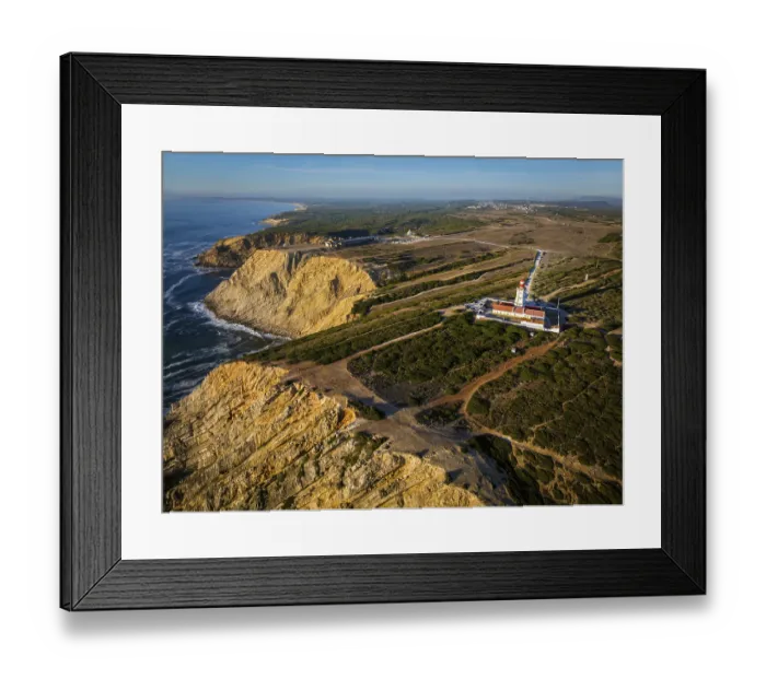 Framed Print : Aerial drone view of lighthouse on Cabo Espichel cape Espichel on Atlantic ocean Framed Print : Aerial drone view of lighthouse on Cabo Espichel cape Espichel on Atlantic ocean