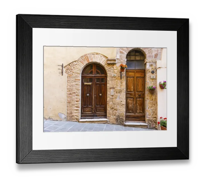 Framed Print : House entrance doors with floral decoration