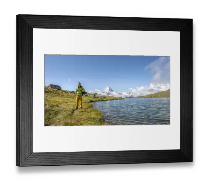 Framed Print : Hiker at Lake Stellisee, 5 lakes Hiking trail