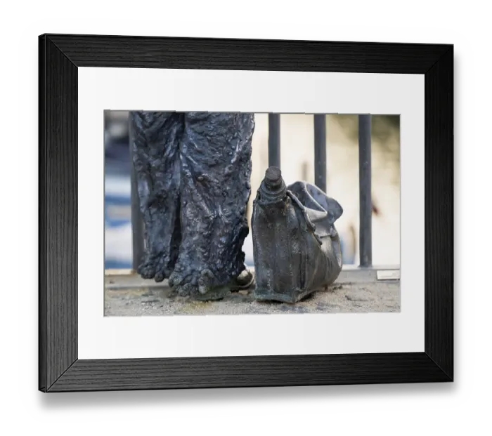 Framed Print : Detail, bag with water bottle, B&W worker