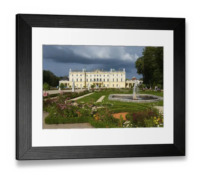 Framed Print : An elegant baroque-style palace with a manicured garden and fountain under a cloudy sky Framed Print : An elegant baroque-style palace with a manicured garden and fountain under a cloudy sky