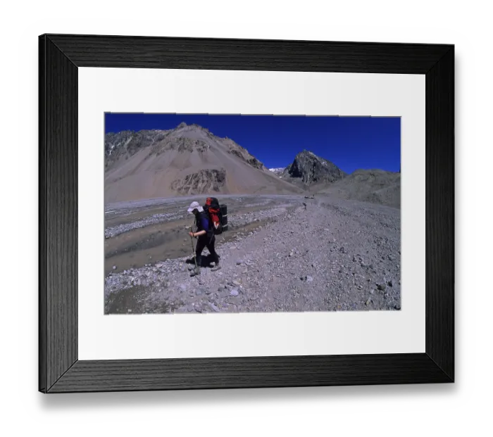 Framed Print : Female climber descending the Horcones valley Aconcagua Mendoza Argentina
