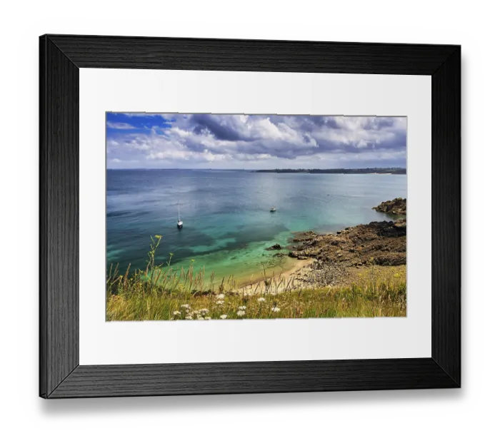 Framed Print : View from above of boats in small bay and rocky coast Framed Print : View from above of boats in small bay and rocky coast