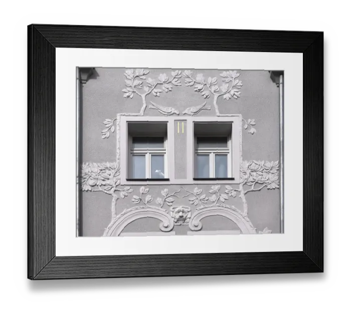 Framed Print : Floral art nouveau reliefs on a residential house from 1908 Framed Print : Floral art nouveau reliefs on a residential house from 1908