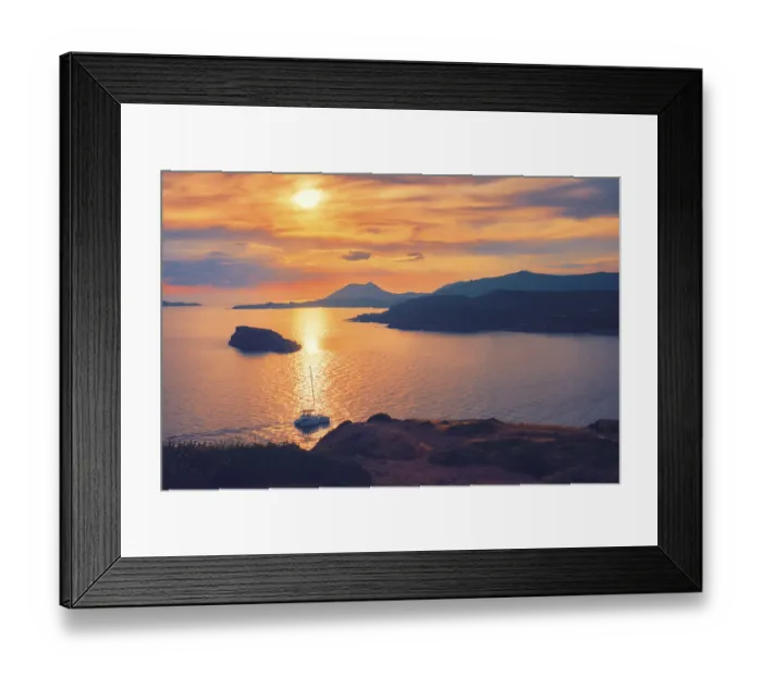 Framed Print : Aegean Sea with Greek islands on sunset with yacht in sea Framed Print : Aegean Sea with Greek islands on sunset with yacht in sea