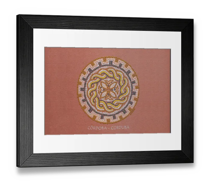 Framed Print : Mandala made of pearls in warm colors on a pink background with Cordoba lettering