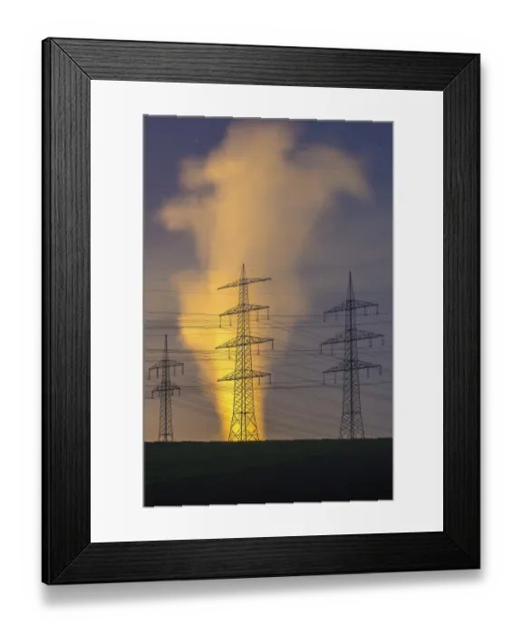 Framed Print : High-voltage pylons, electricity pylons in front of water vapour cloud from Neckarwestheim nuclear power plant
