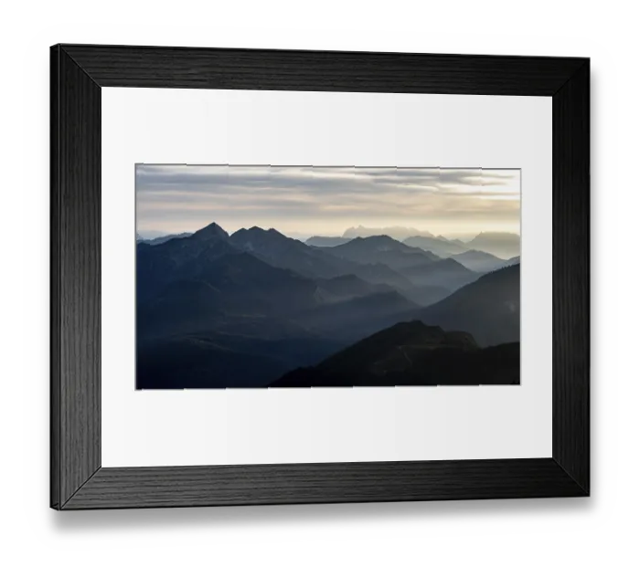 Framed Print : View at sunset from the summit of Zwiesel to the Chiemgau Alps with the Sonntagshorn and to the Wilder Kaiser