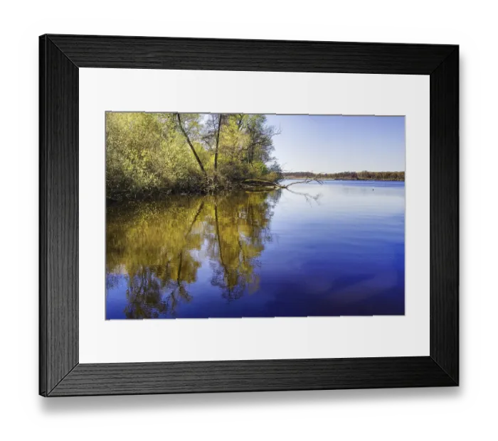 Framed Print : Still lake, Glabbacher Bruch (Krickenbecker Seen) with reflecting trees and calm water surface under a clear sky Framed Print : Still lake, Glabbacher Bruch (Krickenbecker Seen) with reflecting trees and calm water surface under a clear sky