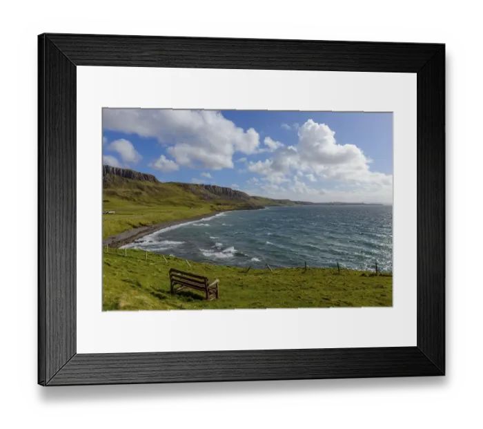 Framed Print : Coastal landscape with bench, Isle of Skye Framed Print : Coastal landscape with bench, Isle of Skye
