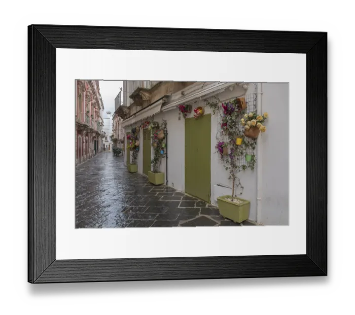 Framed Print : A charming, narrow alleyway with flower-decorated facades and green doors