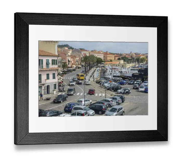 Framed Print : Street and traffic at the harbor in town of Maddalena