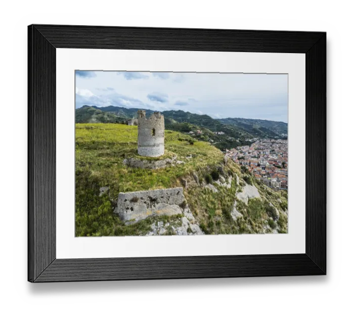 Framed Print : Ruins of the Church of Saint Francis of Assisi and Amantea Castle from a drone