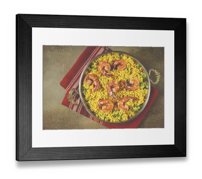 Framed Print : Rice with saffron and shrimp, in a frying pan