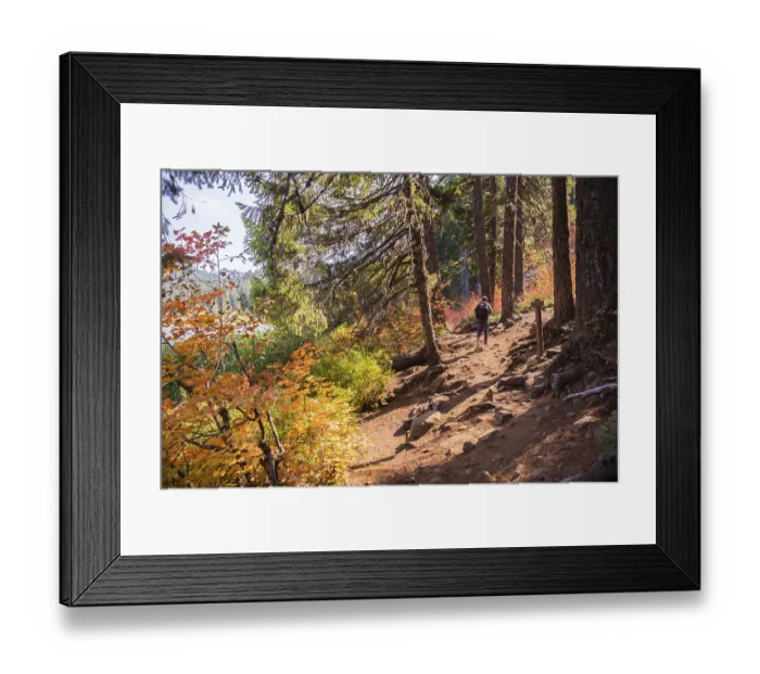 Framed Print : Hiker on a forest trail to Marion Lake