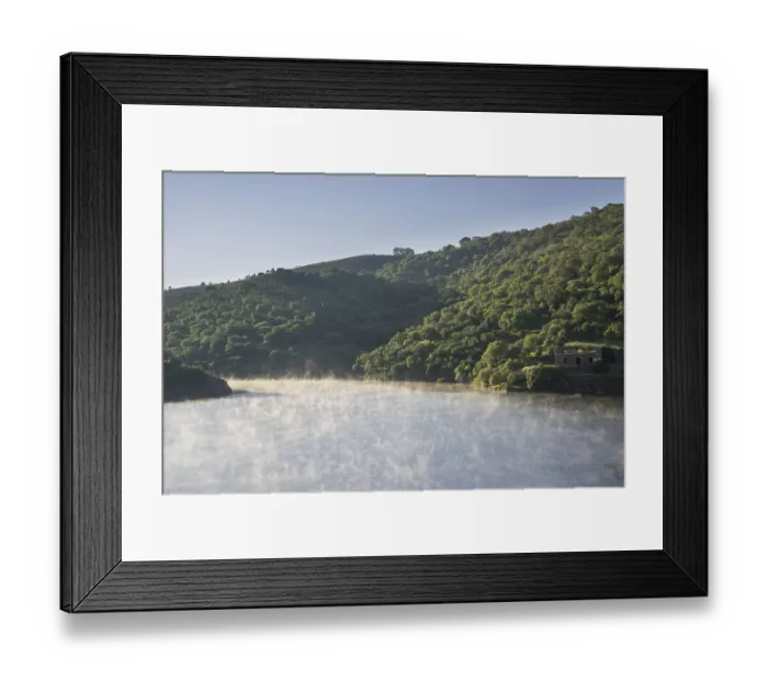 Framed Print : Morning fog at the Alcantara Dam or Embalse de Jose Maria de Oriol-II Alcantara