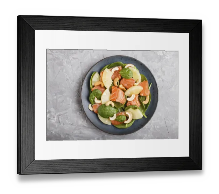 Framed Print : Fresh salmon with pineapple, spinach and cashew on a gray concrete background Framed Print : Fresh salmon with pineapple, spinach and cashew on a gray concrete background