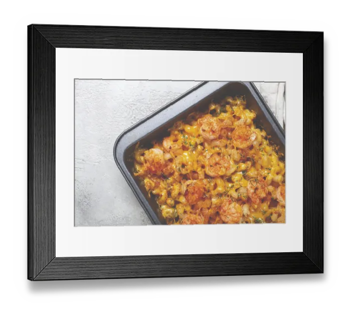 Framed Print : Pasta with shrimp and cheese, with a golden crust Framed Print : Pasta with shrimp and cheese, with a golden crust