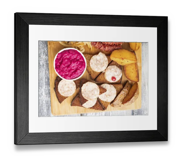 Framed Print : Set of snacks: sausages, toast Framed Print : Set of snacks: sausages, toast