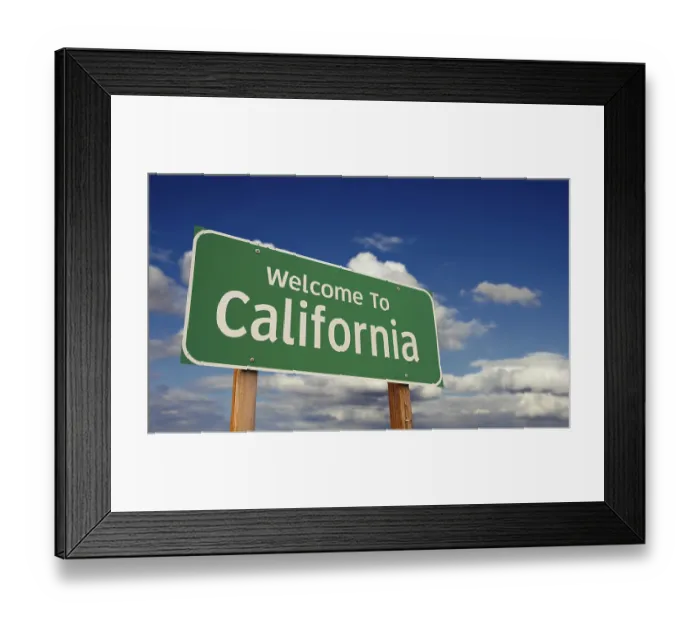 Framed Print : Welcome to california green road sign over blue sky with some clouds Framed Print : Welcome to california green road sign over blue sky with some clouds