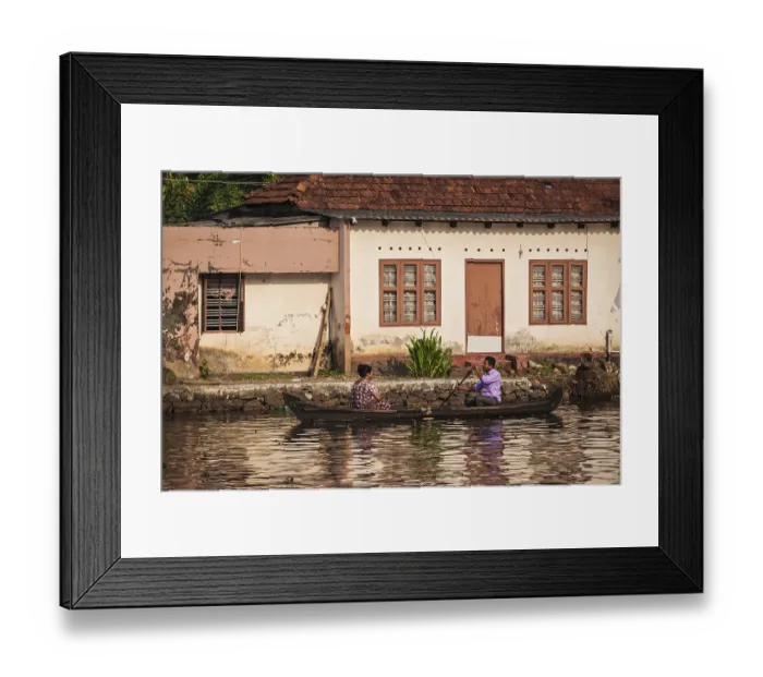 Framed Print : KERALA, INDIA, MAY 5, 2010: Unidentified indian people in small boat in backwaters Framed Print : KERALA, INDIA, MAY 5, 2010: Unidentified indian people in small boat in backwaters