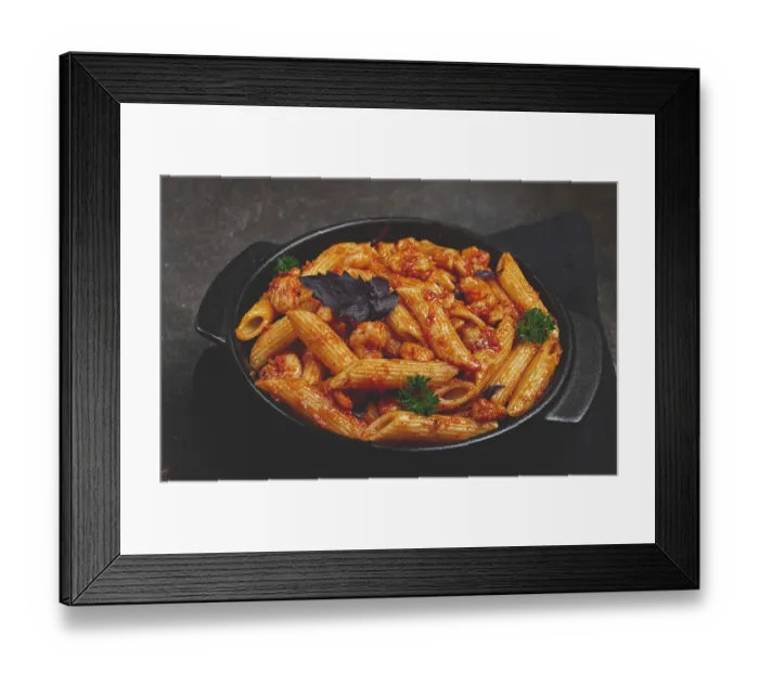 Framed Print : Penne pasta, with shrimp in tomato sauce