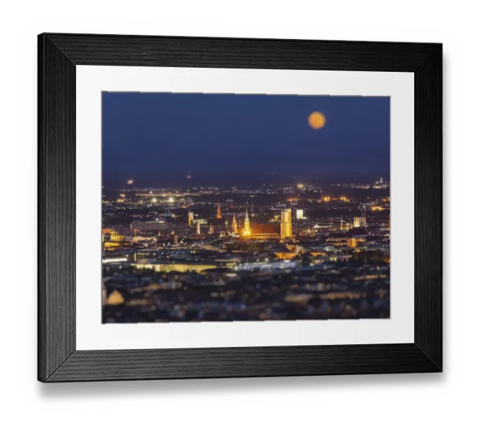 Framed Print : Night aerial view of Munich from Olympiaturm Olympic Tower with tilt shift toy effect shallow depth of field