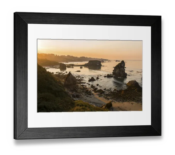 Framed Print : Sunrise, rugged coastal landscape with many rocky islands