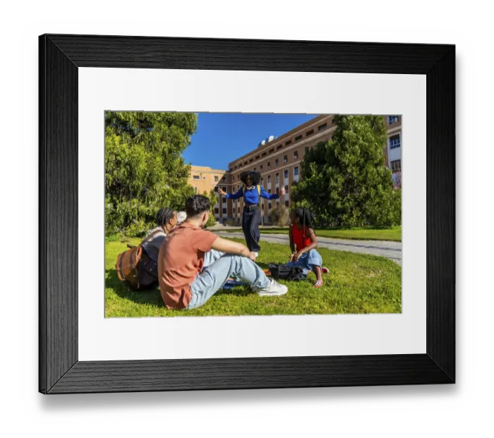 Framed Print : Group of diverse college students sitting and standing on green grass