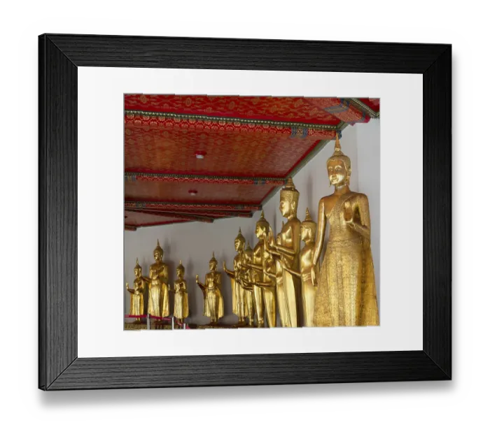 Framed Print : Many golden buddha statues in Wat Po temple near Bangkok in Thailand