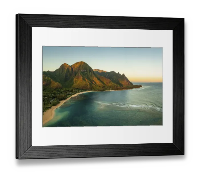 Framed Print : Aerial panoramic image of early morning light catching mountains dominating Tunnels beach on Hawaiian island of Kauai Framed Print : Aerial panoramic image of early morning light catching mountains dominating Tunnels beach on Hawaiian island of Kauai