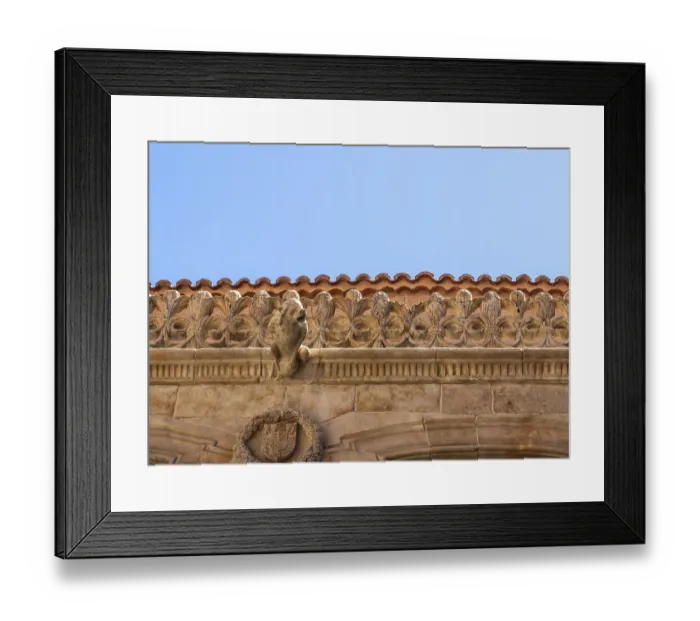 Framed Print : Ornate stone carvings on the roof and downspout at Casa de la Conchas or shells in Salamanca