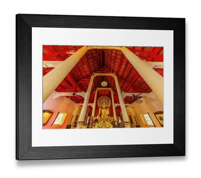 Framed Print : Gilded Buddha statue in a public prayer hall in the Wat Phra Singh Buddhist temple complex
