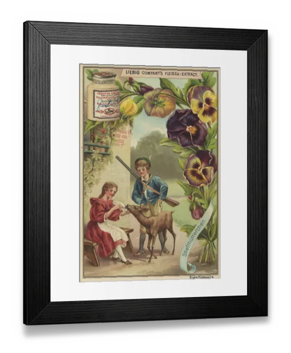 Framed Print : Flower Symbolism series, picture is titled Pansies and shows a rural idyll with children and a young deer