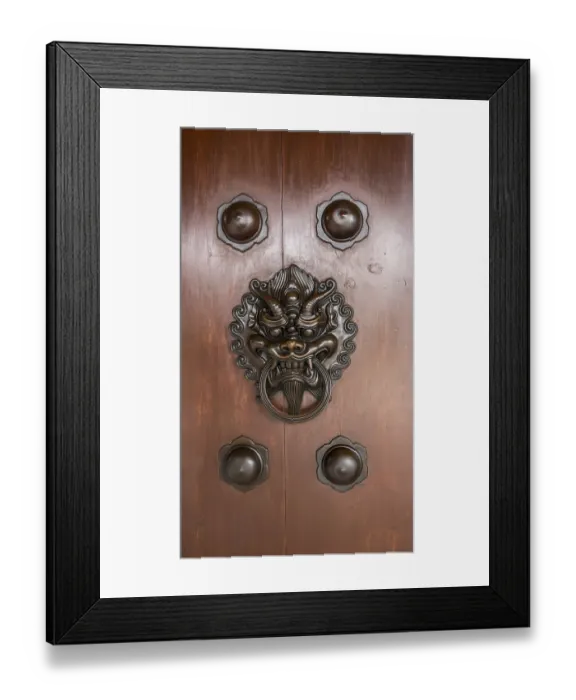 Framed Print : Solid wooden door with dragon head knocker Framed Print : Solid wooden door with dragon head knocker