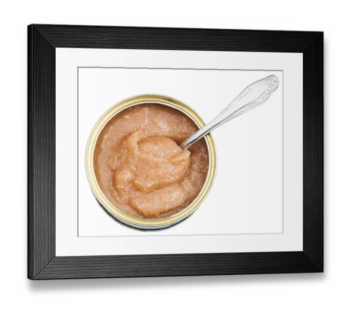 Framed Print : Top view of open tin with caviar of alaska pollock with spoon isolated on white background