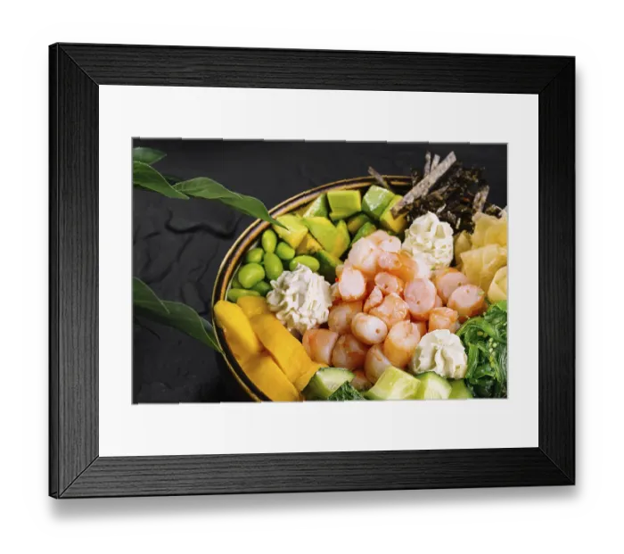 Framed Print : Healthy poke bowl with shrimp, edamame