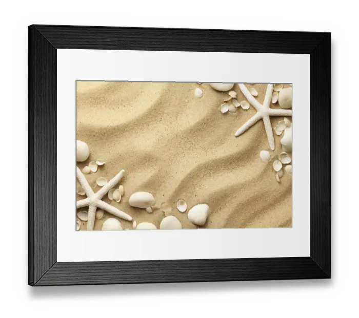 Framed Print : Starfishes, stones and seashells on sand background Framed Print : Starfishes, stones and seashells on sand background