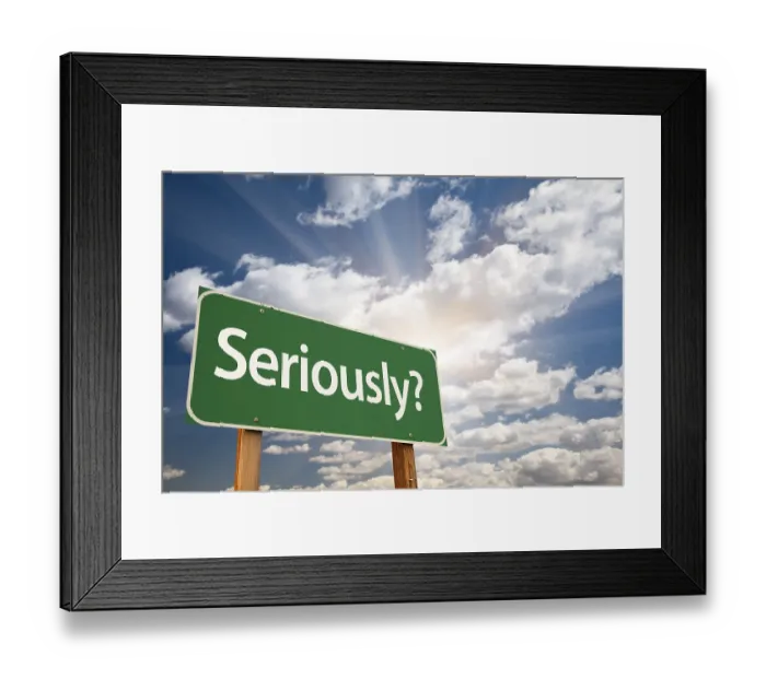 Framed Print : Seriously? green road sign over dramatic sky Framed Print : Seriously? green road sign over dramatic sky