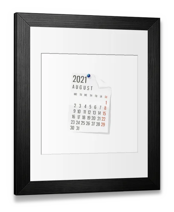 Framed Print : 2021 Calendar on white paper, August Framed Print : 2021 Calendar on white paper, August