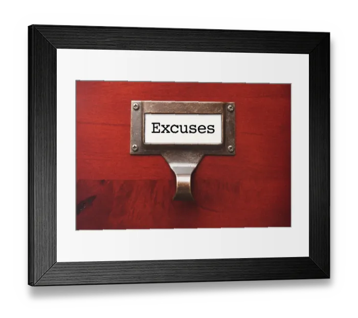 Framed Print : Lustrous wooden cabinet with excuses file label in dramatic light Framed Print : Lustrous wooden cabinet with excuses file label in dramatic light