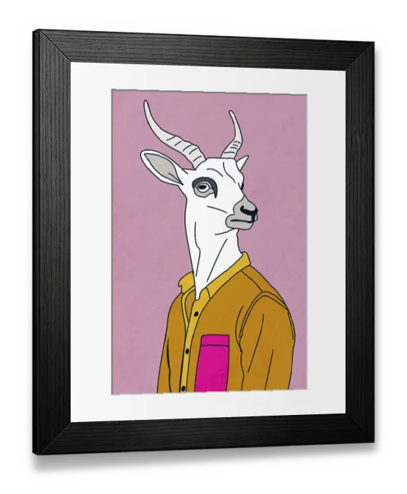 Framed Print : A stylized illustration of a deer dressed in a yellow shirt with a pink pocket against a pink background This whimsical