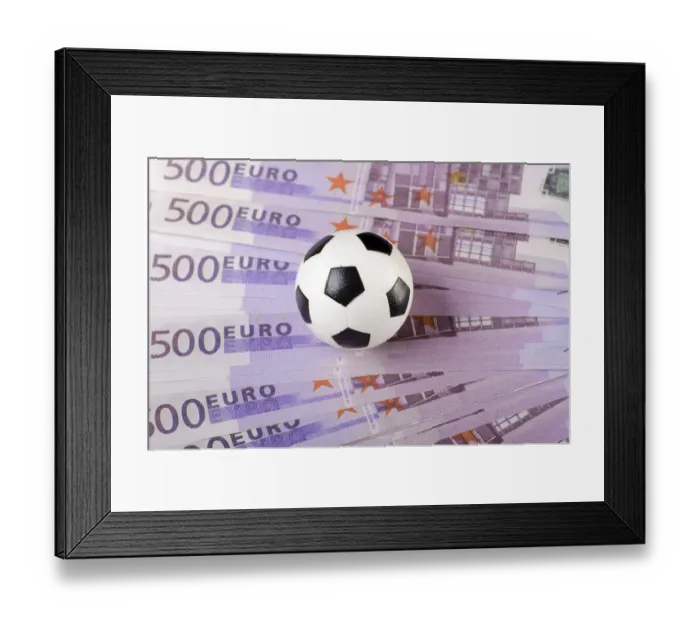 Framed Print : Soccer ball on background of euro banknotes