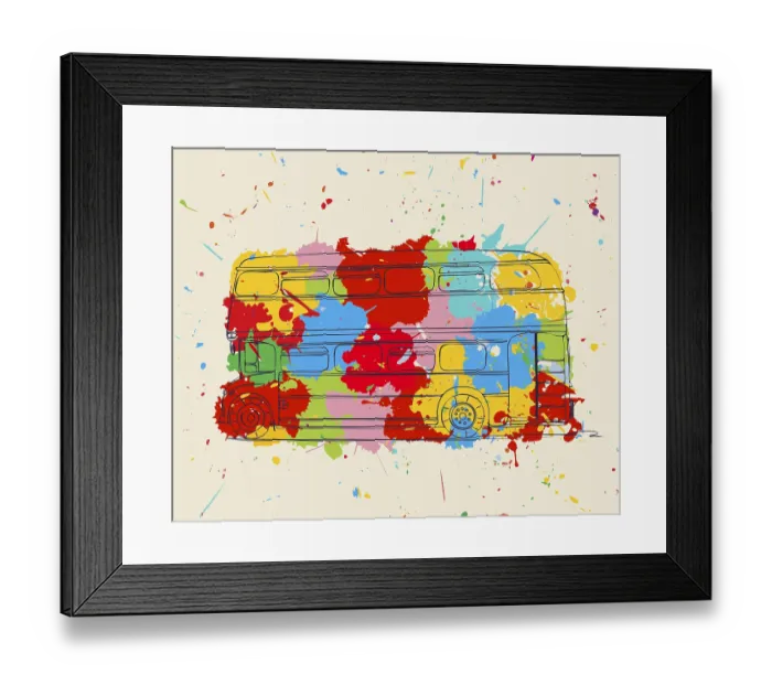 Framed Print : Double decker sketch over colored splats Framed Print : Double decker sketch over colored splats