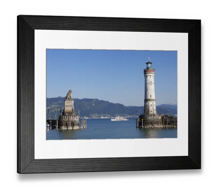 Framed Print : Harbour with lighthouse and Bavarian lion