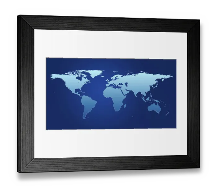 Framed Print : Light blue map of the world in front of a dark blue background Framed Print : Light blue map of the world in front of a dark blue background