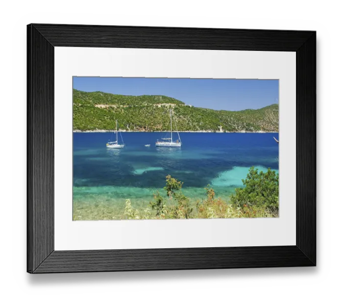 Framed Print : Sailing Boats in a bay, Kefalonia