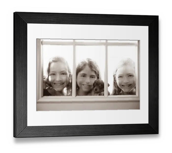 Framed Print : Three sister friends looking through the window with a pup and raindrops Framed Print : Three sister friends looking through the window with a pup and raindrops