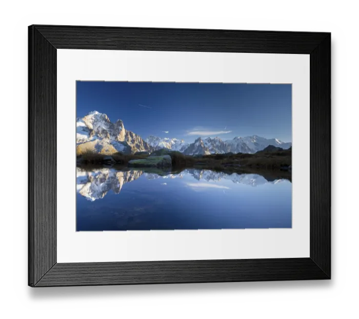 Framed Print : Mont Blanc massif reflected in the Lac des Chesery